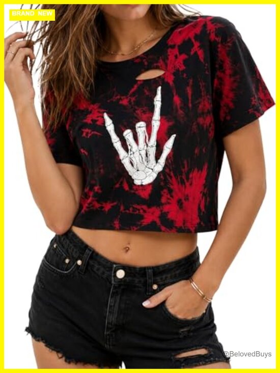 Tops - Graphic Crop Top Short Sleeve Tie Dye Cut Out T Shirt Casual Loose Fit Summer